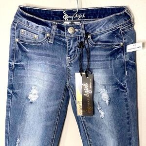 Soundgirl‎ Distressed Size 0 Ladies Blue Denim Jeans Straight dark blue, NWT